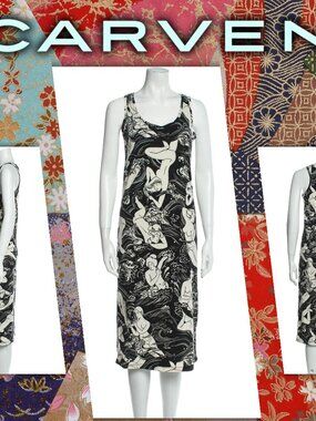 Carven Black and White Bodycon Midi Dress with Japanese Graphic Print (size XS)